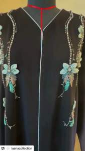 Luxury Black Abaya with Mint Floral Appliqué & Crystal Embellishments - Elegant Dubai Piece with Matching Inner Dress & Scarf