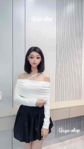 Set Áo Thun Trễ Vai Dài Tay Dây Chéo + Chân Váy Phồng Xoè 2 Lớp Có Quần Trong QUYN.064