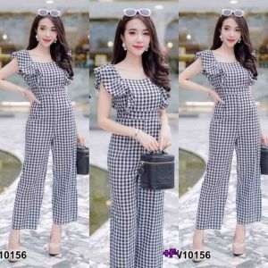 10156 จั้มสูทลายสก็อตขายาวไหล่ระบายใส่ออกางาน/เที่ยว/ทำบุญ