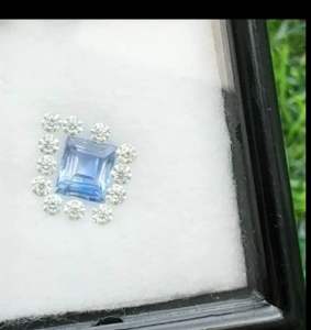 A set of Unheated Emerald cut Ceylon Blue Sapphire 0.40 ct with E Vvs1 Moissanite 0.185 cthalo set