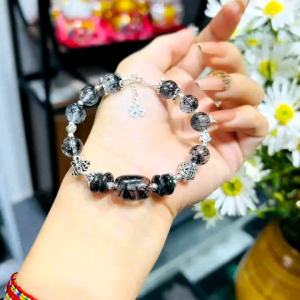 Q509 Lắc Bạc Thạch Anh Tóc Đen mix lu thống ngũ điếu Tóc Đen charm bạc Thủy và Mộc - Phong Thuỷ TUDO