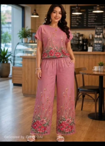Classy Terno fit To large frame Challis fabric with 2 fabric - Pink floral print - Casual cafe setting