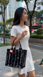 Túi xách trong suốt sọc đứng có 2 size với quai cầm và dây đeo đen phù hợp cho việc mua sắm hoặc sử dụng hàng ngày.