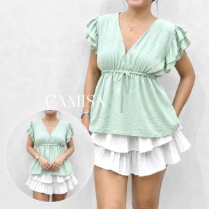 PLUS Autumn (XL-2XL) V-Neck Double Sleeves Top - Crumpled Linen