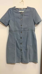 Midi Dress denim blue kerah bulet wanita / dress jeans perempuan lengan pendek