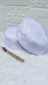 Free Tasbih.!! Peci Songkok Kopiah Terompah Varian Putih Motif Bordir Tinggi 10 cm Peci Haji Anak dan Dewasa