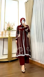 Alesha - VALENCIA LONGSET TALI Setelan Tunik Muslimah Rayon Premium Grade A Setelan Tunik Terbaru Wanita Kekinian Baju Tunik Plus Celana Crincle Airflow