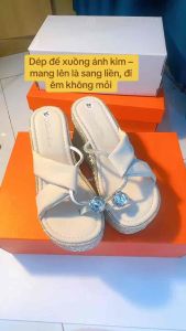 Dép kẹp xuồng đế bọc full đá lấp lánh quai xỏ ngón cao 9cm dép nữ cao gót