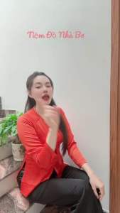 Bà Ba Cổ Ngọc Nút Bọc Tay Dài-Phối Quần Lụa Satin Đen-Chất Tuyết Nhung Mịn Sang