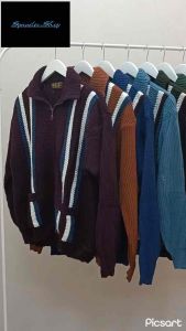 เสื้อกันหนาวไหมพรม🎀คอปก🎀เสื้อแขนยาวลายผ่าหน้า แบบชิปมีกระเป๋าด้าหน้าสองข้าง