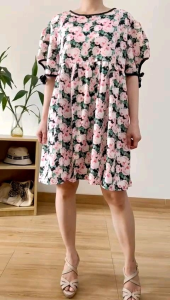 ●ECLAIRE● 043 Dress Mini Lengan Pendek Shortsleeves Lengan Pita Motif Floral Flower Bunga Korea Kasual Casual Pesta Kondangan Import 9913