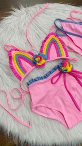 Set bơi cầu vòng kèm nơ hoa 3 chi tiết cho bé|| Đồ bơi bé gái