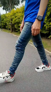 กางเกงขายาว ผ้ายืด ยีนส์ฟอกสนิม กระดูกแต่งป่ะเข่า เชือกสำหรับชาย-หญิง