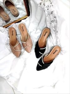 Sararae.id - Sendal Wanita Hak 3cm Glitter Lipat Sisi Terbatu 2024