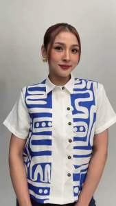 Atimiti เสื้อเชิ้ต คอปก แขนสั้น กระดุมผ่าหน้า ผ้าลินินแท้ 100% พิมพ์ลาย ตัดต่อผ้าสีพื้นที่กลางอกและแขน “อก 44 นิ้ว”