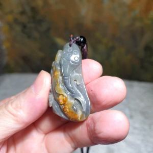 Hetian Pebble Nephrite with yellowish "Jade Skin" light green light greyish hand carved Bat Lotus Leaf & Lotus Pod pendant (with certificate) 和田玉籽玉天然褐黄皮淡青淡灰手工雕刻蝙蝠莲叶莲蓬吊坠(带证书)