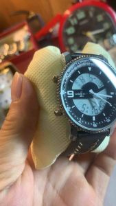 Đồng hồ nam hiệu ON RICE FIELD size 44mm hai đồng hồ trong một vừa kim vừa điện tử 5 cốt chỉnh chronograph báo thức có Lịch có đèn dây da thủ công dày dặn chắc chắn kính cong niềng khía