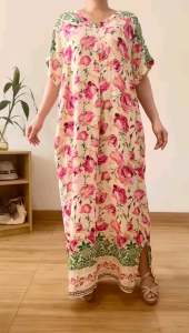 ●ECLAIRE● 003 Dress Maksi Maxi Loose Homewear Vneck Lengan Pendek Shortsleeves Busui Friendly Motif Bunga Floral Flower Pocket Rose Import gioog