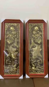 Bộ Tranh cá chép bằng Đồng nguyên chất liền tấm. Tranh lý ngư vọng nguyệt bằng đồng