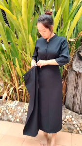 ชุดดำคอจีนผ้าโซล่อน ชุดเสื้อขาวถุงดำ