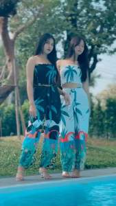 ชุดเซ็ทเกาะอก+กางเกงขายาวผูกหน้า (ลายมะพร้าว3สี)ชุดใส่ไปทะเล ชุดเที่ยว ผ้าไหมอิตาลี ใส่สบาย🌤️🐳🌴