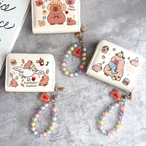 Capybara coin purse with pearl lanyard money wallet card holder capibara rainbow pendant pu leather