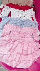 Set Bộ Trái Tim Nơ Caro Áo Trễ Vai Nhún Ngực Mocking Rớt Tay Ngắn + Chân Váy Tầng Có Lót Quần Bí