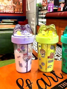 BOTOL MINUM DUA SISI 420ML / 600ML Air Sedotan 2 Sisi Sekat Free Sticker Bpa Free Duet Couple