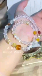 【现货】白水晶+黄水晶+金发晶+红胶花+蜜蜡+黑金超七 双圈手串招财   Clear Quartz + Citrine + Golden Rutilated Quartz