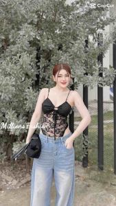 💰Pangpang💰 บอดี้สูท สายเดี่ยว เว้ารูดหน้า ผ้าลูกไม้ เสริมฟองน้ำ มีเป้าแป๊ก