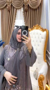 Lukma Set Gamis Premium Ori – Ceruty Babydoll Mix Payet Elegan + Jilbab Segi Empat | Gamis Brokat Mewah Muslimah Pesta & Lebaran