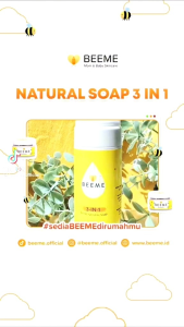 Beeme Natural Soap 3 in 1 dengan madu dan sereh untuk perawatan kulit ibu dan anak. Bersertifikat BPOM Halal 100% asli bahan aman dan alami. Isi 100 ml.exp 01/28