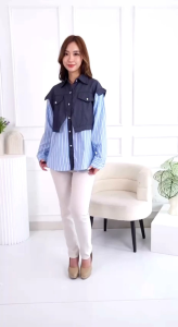Chira Blouse Mix Jeans Rompi Katun Salur Kantung Dua Lengan Panjang