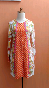 mini midi dress wanita orangs putih batik M cewek lengan panjang tekstur MEWAH kancing hidup depan