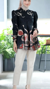 Batik Wanita Modern Atasan Batik Wanita Puffy Shoulder Peplum Payung Lebar
