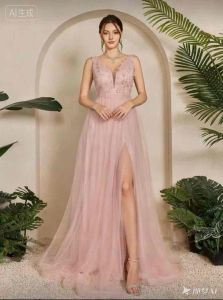 Melody Sleeveless Mesh Overlay High Slit Applique Decor Bridesmaid Dress Evening Gown