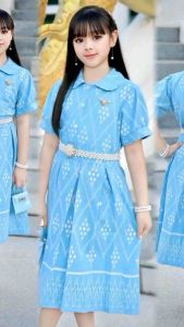 ชุดไทยสีฟ้า กระโปรงทวิส+เสื้อแขนตุ๊กตาน่ารักๆ เดรสวันแม่
