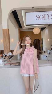 Jenlip weekend topเสื้อแขนกุดระบายรอบคอ ผูกเป็นโบว์ข้างๆ น่ารักมาก ลายริ้ว ลายทาง สายทะเล คาเฟ่