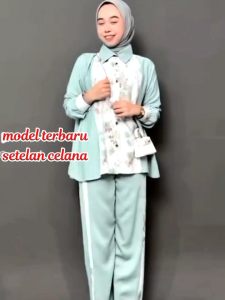 One set Nissa setelan celana wanita dewasa bahan Rayon twill kombinasi motif bunga