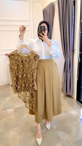 Zilvia Set 3in1 Baju Muslim Wanita Modis Hijab Kekinian Setelan Rok Plisket + Atasan Vest Salur Premium