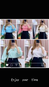 เสื้อแกกุ้นคอหยุดน้ำเเต่ลูกไม้ปก ผ้าร่อง เเขนสี่ส่วน