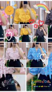 เสื้อผูกโบว์หน้าลายดอกเล็ก แขนสามส่วน อก40ยาว23