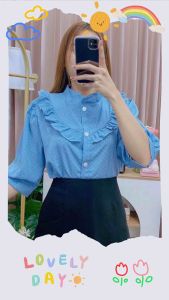 เสื้อคอจีนระบายอก ลายจุดไข่ปลา เเขนสามส่วน อก40ยาว23