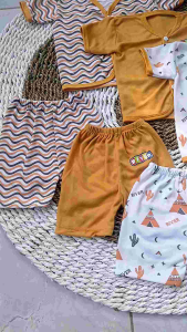 6 Pcs / 3 Set Baju Bayi Celana Bayi Pendek Bayi Newborn Seri Mustard Motif Arista Baby Terbaru