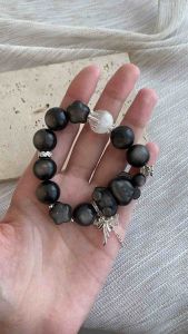 Silver Obsidian Bear Design Bracelet