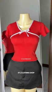 BUY 1 TAKE 1 (2PCS) DORRY Ribbon Plunging Neckline Deep V Neck Short Sleeve Cotton Spandex Basic Casual Top Womenswear Comfortable