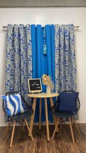Blue Curtain Printed & Plain Guava Design with Ring Holes