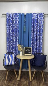 Blue Curtain Printed & Plain Lotus Design with Ring Holes