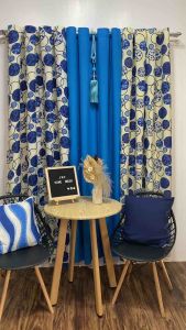Blue Curtain Printed & Plain Circles Design with Ring Holes