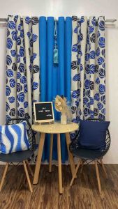 Blue Curtain Printed & Plain Leaves Design with Ring Holes